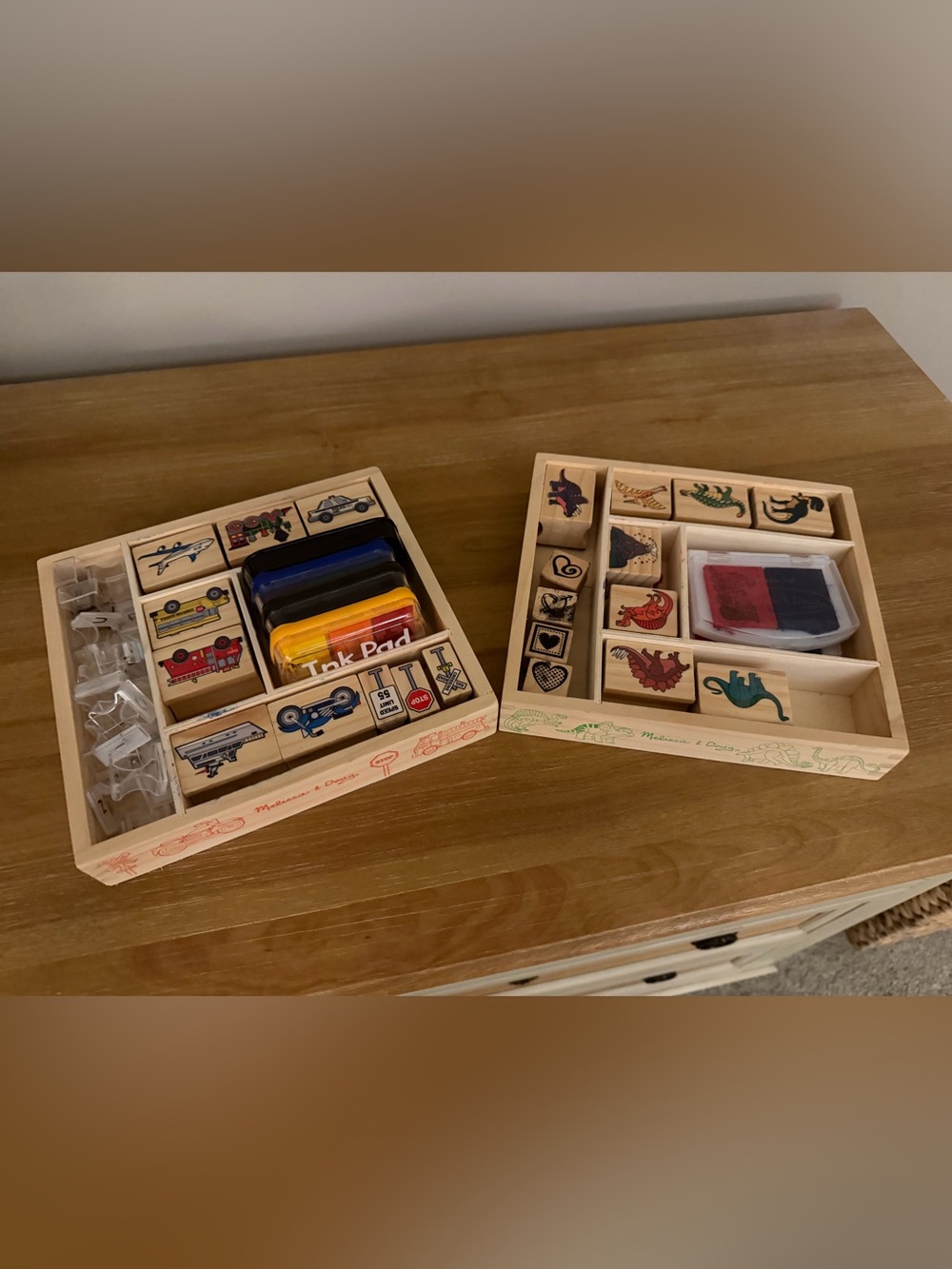 Melissa & Doug Wooden Stamp Sets- dinosaurs, vehicles, hearts, letters